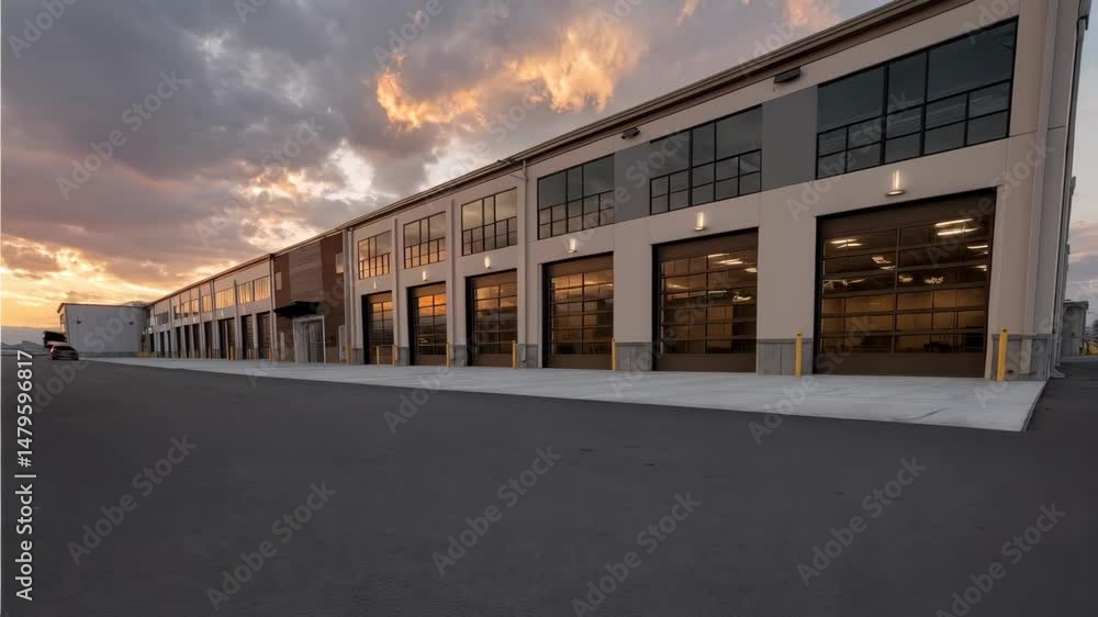 Long shot of large industrial building with multiple roll up doors and windows under sunset clouds Long shot of large industrial building with multiple roll up doors and windows under sunset clouds