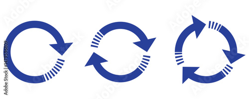 Blue circle arrows icon set. Round reload sign, repeat icon, rotate arrow symbol, arrow pictogram, refresh reload rotation loop sign set