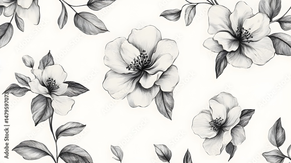 Obraz premium Photograph of black and white illustration depicts detailed floral branches and blossoms in a repeating pattern.