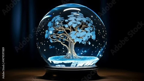 Glowing snow globe featuring winter tree