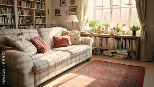 Sunlit living room with sofa, bookshelves and plants