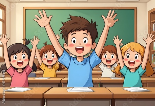 Happy Children in Classroom Raising Hands - School Cartoon Art Print