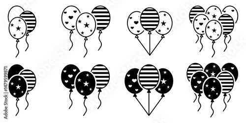 Balloon Icon Set. Party Icon Ballon Decoration birthday Vector. Symbol of Balloon on white background. Balloon black silhouette icon. Vector illustration.