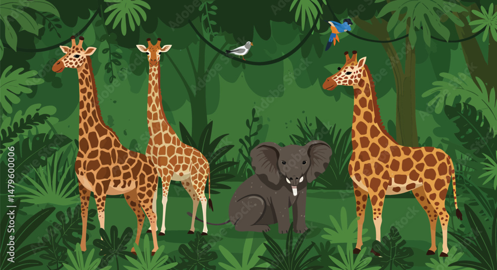 Fototapeta premium Vibrant Tropical Jungle Animals Vector Illustration