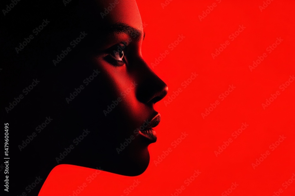 Side portrait of woman against red backdrop Side portrait of woman against red backdrop
