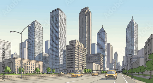 Urban Skyline Line Art, Cityscape Illustration
