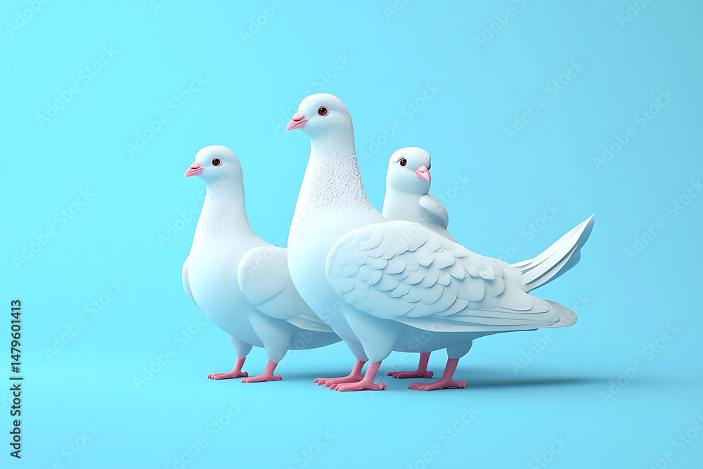 Three stylized white pigeons standing on a vibrant blue background, showcasing their unique features Three stylized white pigeons standing on a vibrant blue background, showcasing their unique features