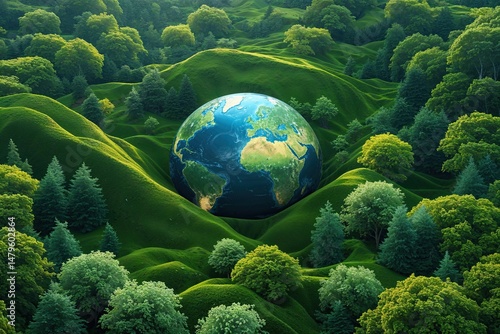 Abstract Forest Green Landscape with Meridional Digital Globe Design