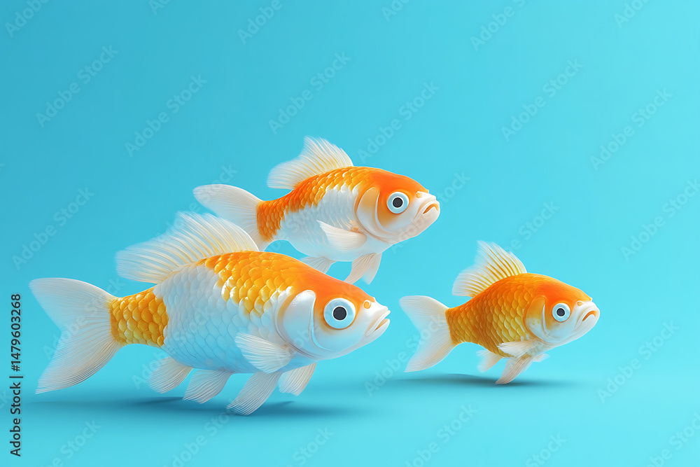 Three vibrant goldfish swimming gracefully against a bright blue background, showcasing their vivid colors Three vibrant goldfish swimming gracefully against a bright blue background, showcasing their vivid colors