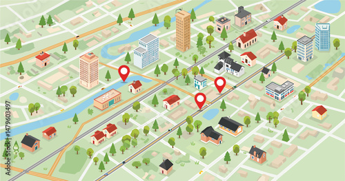 Vector Map Elements: Roads, Trees, Buildings, Location Pins