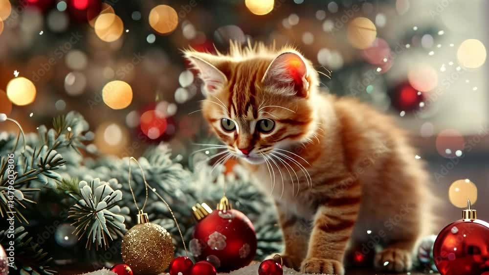 Curious kitten exploring festive christmas decorations amidst falling snow Curious kitten exploring festive christmas decorations amidst falling snow