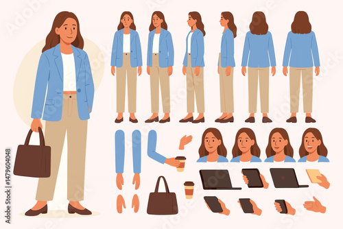 Cartoon female character kit in vector.  Includes multiple poses, facial expressions, hand gestures, accessories (laptop, phone, coffee cup, handbag) for use in presentations, infographics, web design