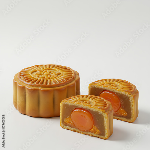 Delicious Mooncakes A Trio of Traditional Treats One Sliced Open