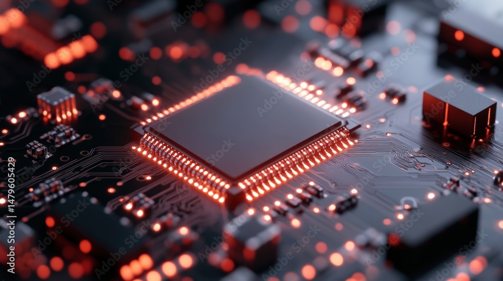 Electronic circuit board with glowing chip Electronic circuit board with glowing chip