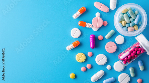 Colorful pills and capsules scattered on blue background, showcasing various types of medications and health supplements