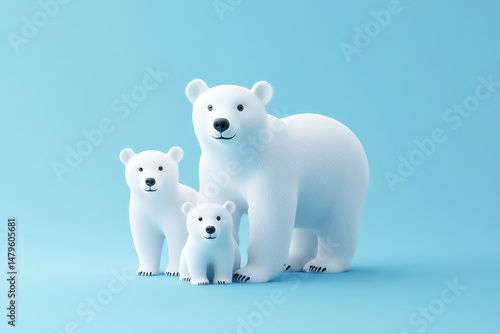 A family of three playful polar bears stands against a bright blue background, showcasing their playful nature