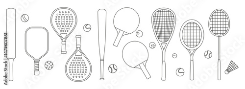 Line art set of sports equipment like rackets, bats and balls for tennis, squash, padel, badminton, baseball, ping pong and cricket with editable outlines in curves. Doodle style vector illustration
