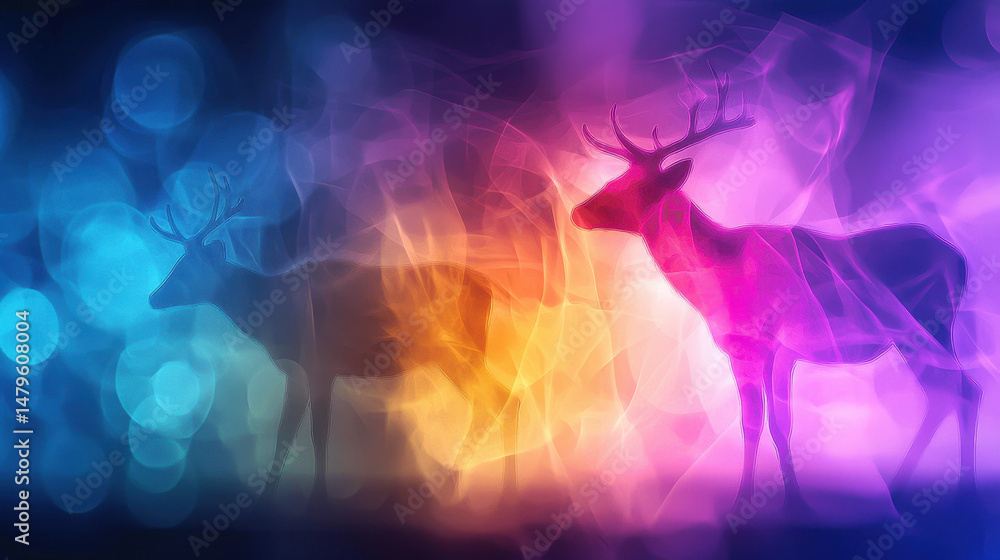Fototapeta premium Surreal glowing animals in vibrant colors create dreamlike atmosphere. deer silhouette stands out against colorful background