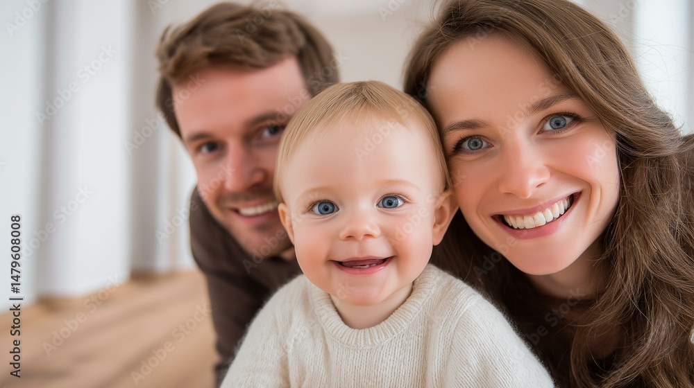 A joyful family portrait featuring a smiling baby with happy parents. A joyful family portrait featuring a smiling baby with happy parents.