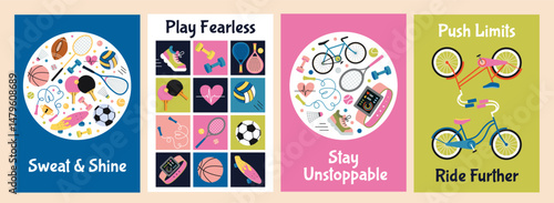 Colorful vertical posters with various sports equipment and motivational quotes for active lifestyle and fitness inspiration. Flat vector illustrations promoting health, movement and team spirit