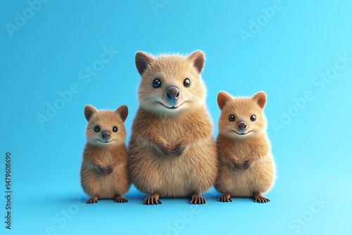 Three adorable quokkas standing together against a bright blue background, showcasing their playful nature (1)