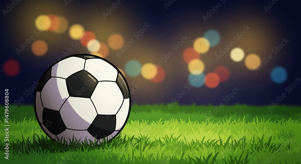 Fototapeta premium Soccer Ball on Grass at Night, Bokeh Lights