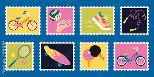 Set of Vibrant sport themed post stamps with active lifestyle equipment in playful flat style. Colorful fitness art. Trendy modern vector illustrations