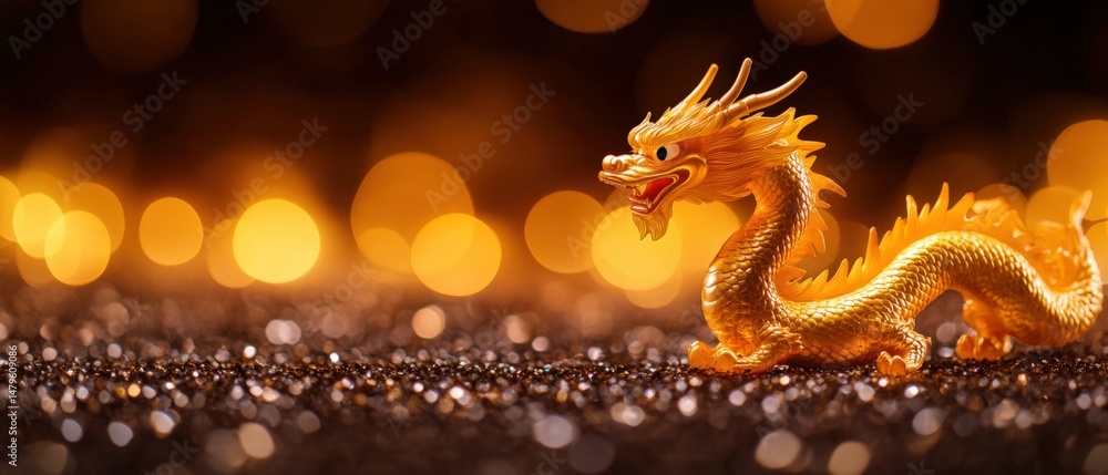 Obraz premium Golden dragon figure with bokeh lights