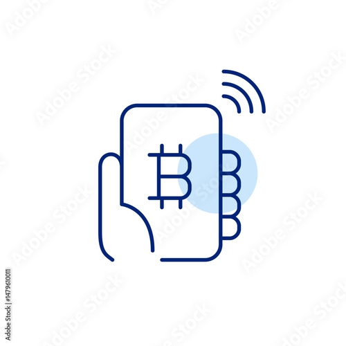 Hand holding smartphone with bitcoin symbol and wi-fi. Crypto currency wallet and transactions. Pixel perfect, editable stroke icon