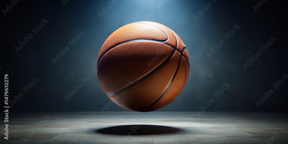 Fototapeta premium A lone basketball hovers in a dimly lit arena, ready for the next game, a symbol of intense competition and athletic prowess
