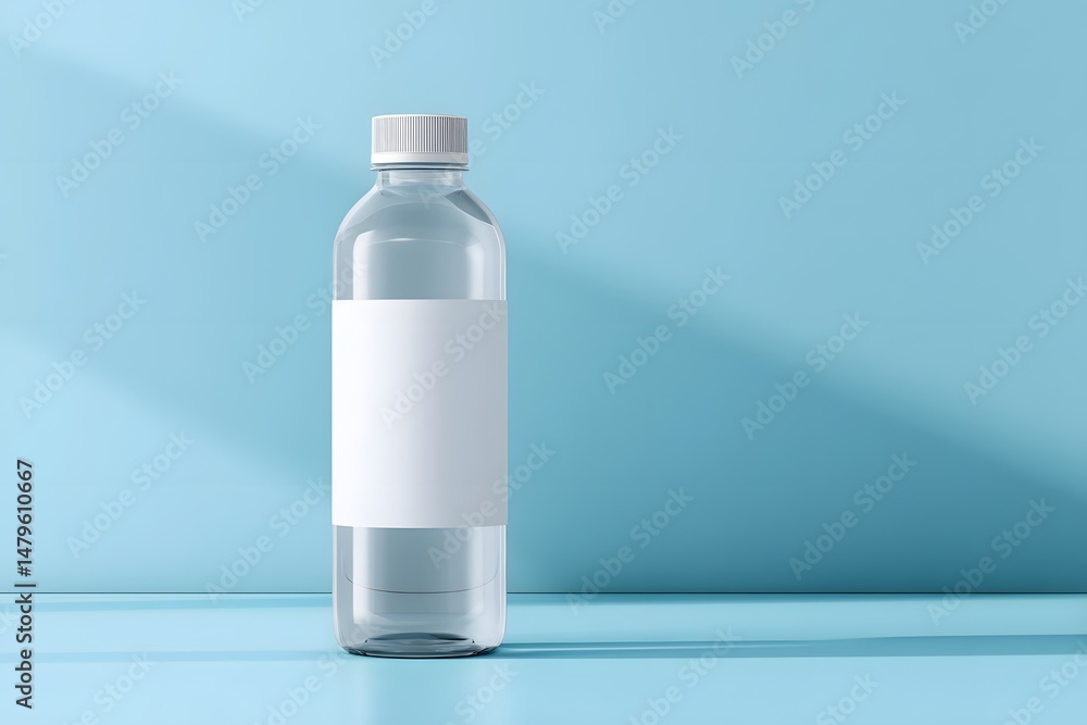 A Photorealistic Mockup of a Clear Plastic Water Bottle Illustrating the Concept of Hydration and Refreshment with a Light Blue Background Theme A Photorealistic Mockup of a Clear Plastic Water Bottle Illustrating the Concept of Hydration and Refreshment with a Light Blue Background Theme