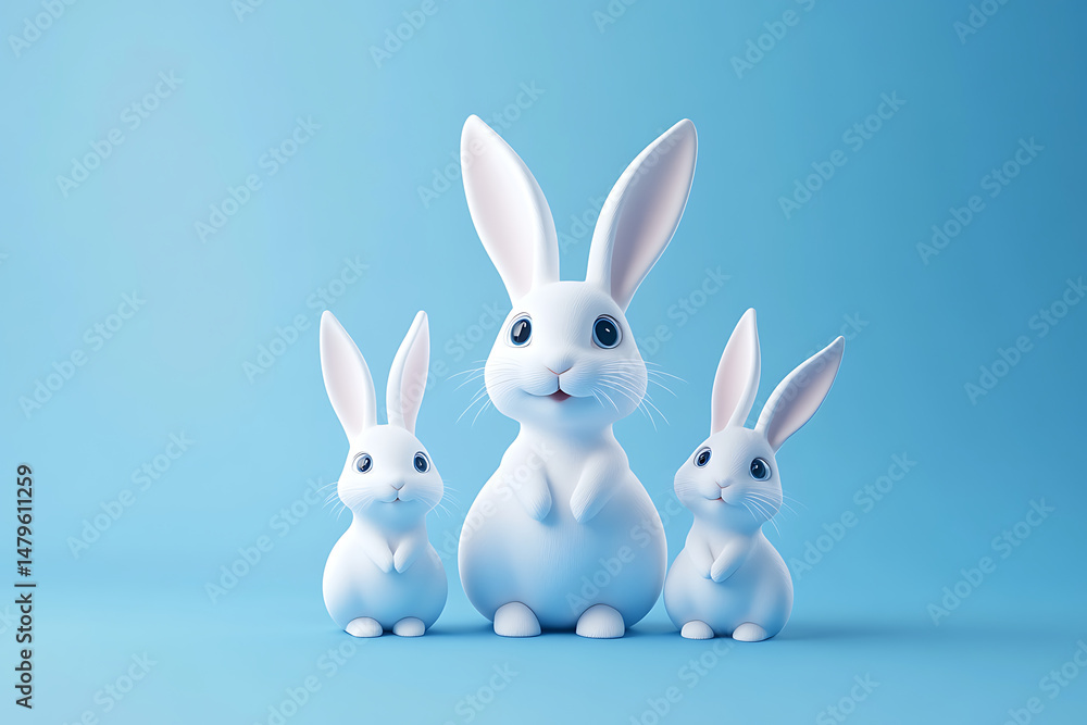 Fototapeta premium Three adorable white rabbits with large ears standing together against a soft blue background