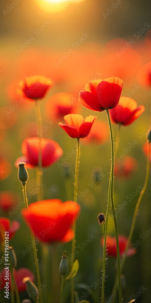 Fototapeta premium A field of vibrant poppy flowers in full bloom, swaying gently in the breeze, sun-drenched meadow with wildflowers, soft focus, golden hour, impressionistic style.