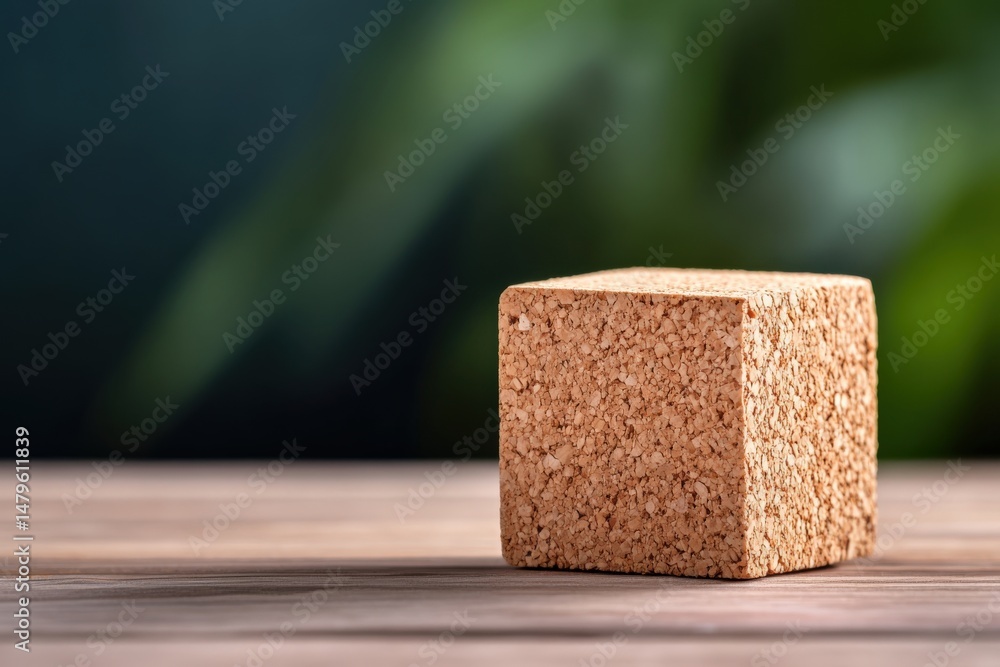 Cork cube on wooden table Cork cube on wooden table