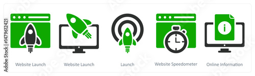 A set of 5 business icons as website launch, launch, website speedometer