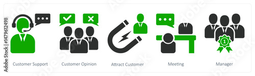 A set of 5 business icons as customer support, customer opinion, attract customer