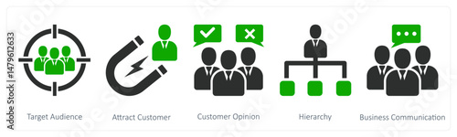A set of 5 business icons as target audience, attract customer, customer opinion
