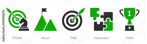 A set of 5 business icons as strategy, mission, target