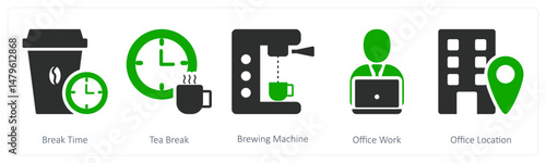 A set of 5 business icons as break time, tea break, browing machine