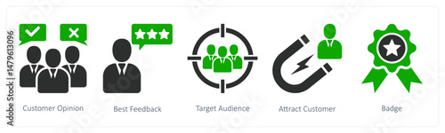 A set of 5 business icons as customer opinion, best feedback, target audience