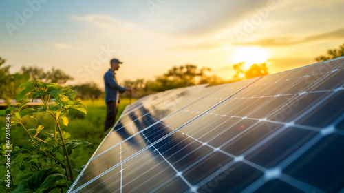 Chinese farmer inspects solar panels for efficiency during sunset in the countryside