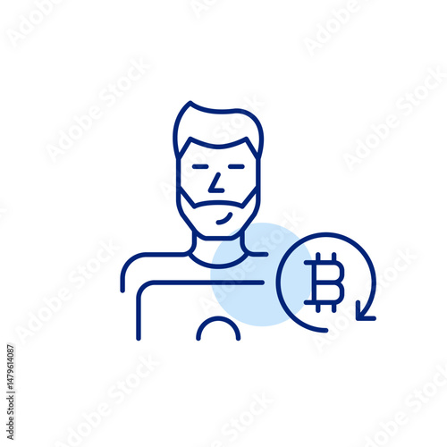 Man at laptop and bitcoin in refresh arrow, cryptocurrency mining or workstation. Pixel perfect vector icon
