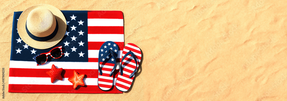 Fototapeta premium Creative banner of beach items with USA flag design including hat, sunglasses, flip-flops, towel, strawberry slices in the form of stars on sand. Concept of independence Day America 4th of July