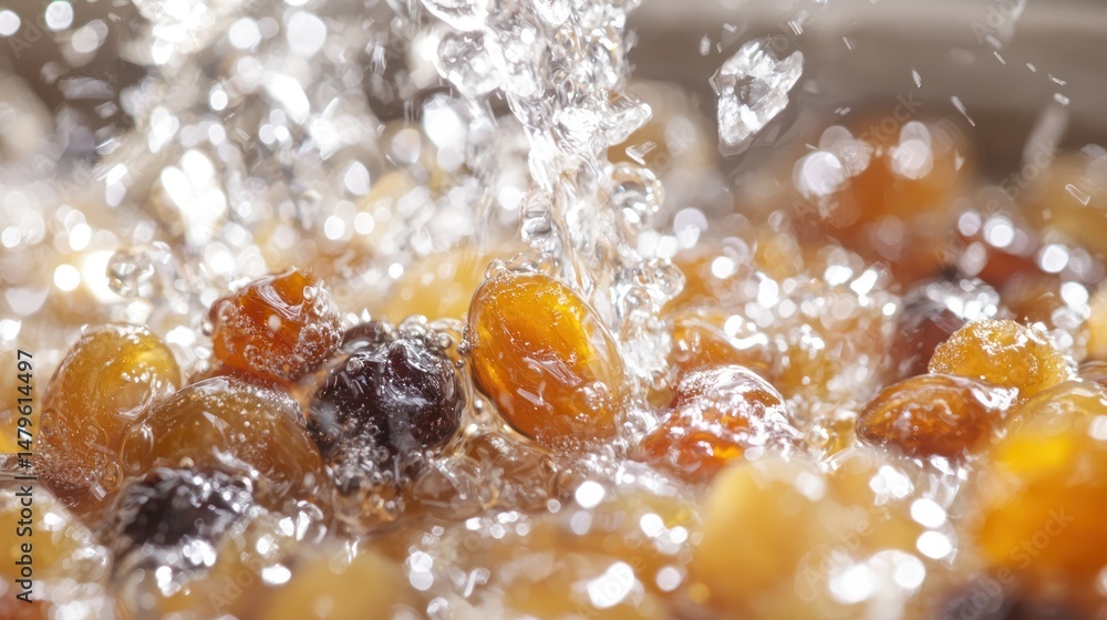 A close-up of sultanas soaking in warm water before being used in baking A close-up of sultanas soaking in warm water before being used in baking