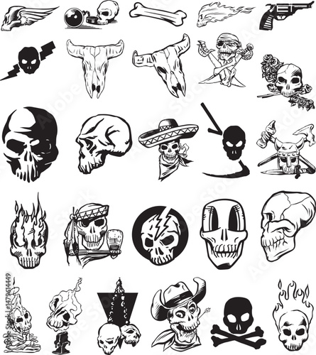 a collection of skulls and other symbols, vector illustration of various skull