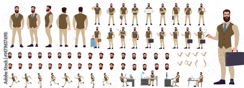 Man Character design. Front, side, back view and explainer animation poses. Character set with lip sync and facial expressions of Happy, angry, sad, Joy with Side walk cycle animation sequence sprite 