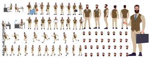 Man Character design. Front, side, back view and explainer animation poses. Character set with lip sync and facial expressions of Happy, angry, sad, Joy with Side walk cycle animation sequence sprite 