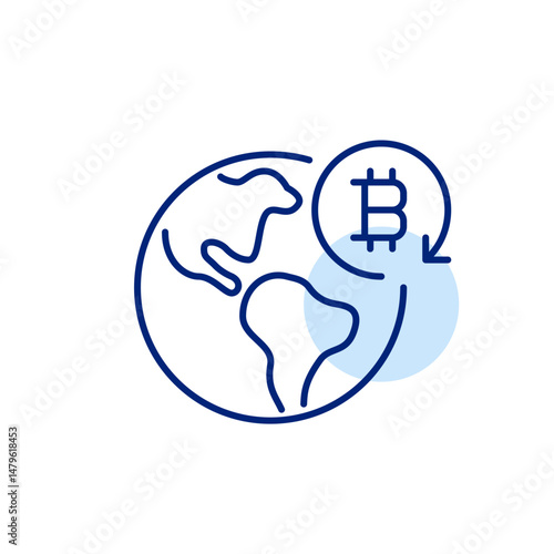 Global cryptocurrency trading, payment and wallet use for digital marketplace and p2p transactions. Earth and bitcoin. Pixel perfect, editable stroke icon