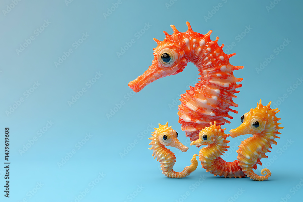 Fototapeta premium Colorful seahorses interacting playfully against a soft blue background, showcasing marine life beauty