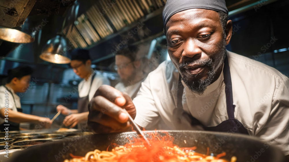 Fototapeta premium African male chef preparing pasta dish in restaurant kitchen with focus and skill